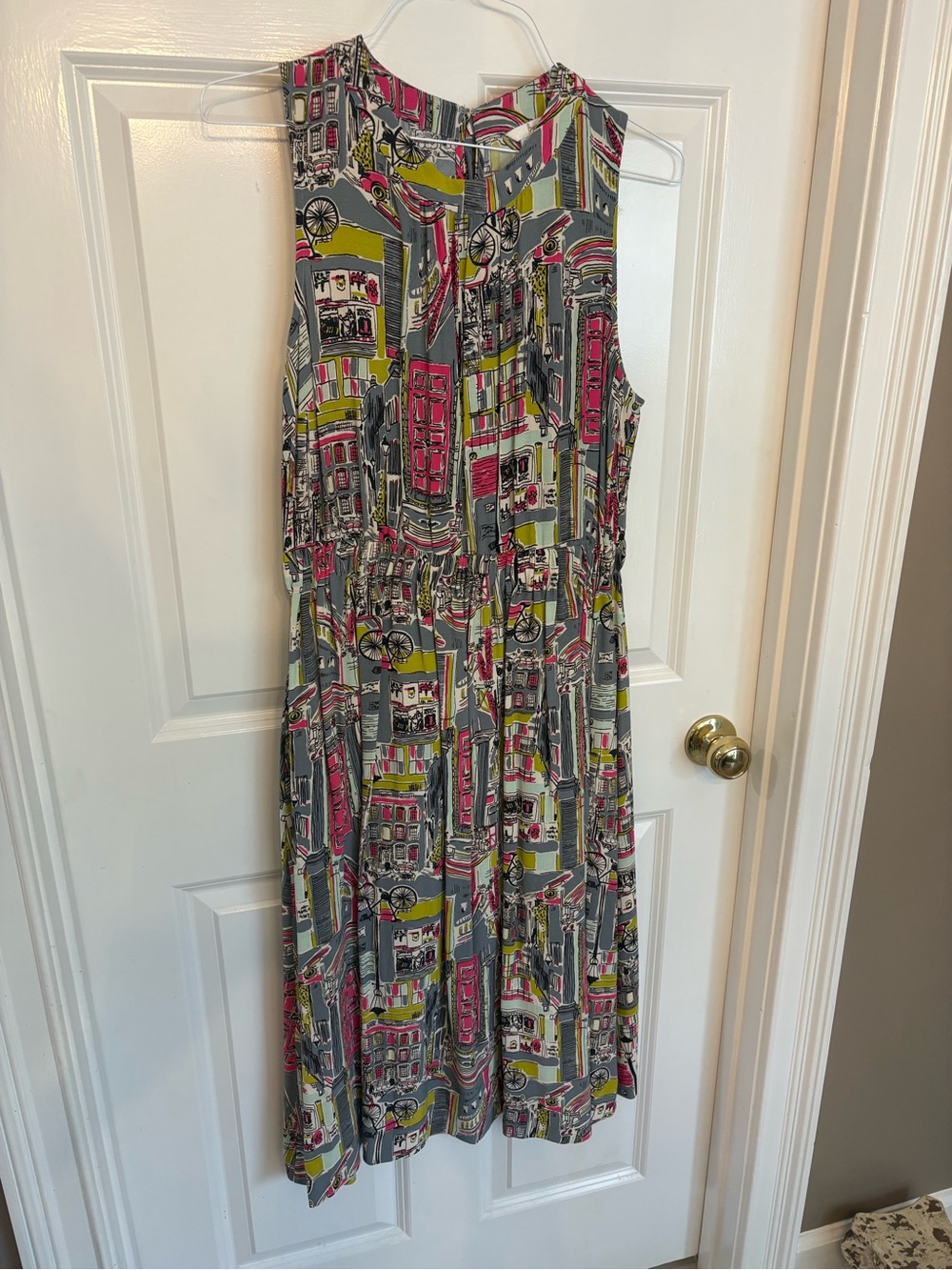 Boden Sleeveless Midi Dress in Gray, Pink & Yellow City Print